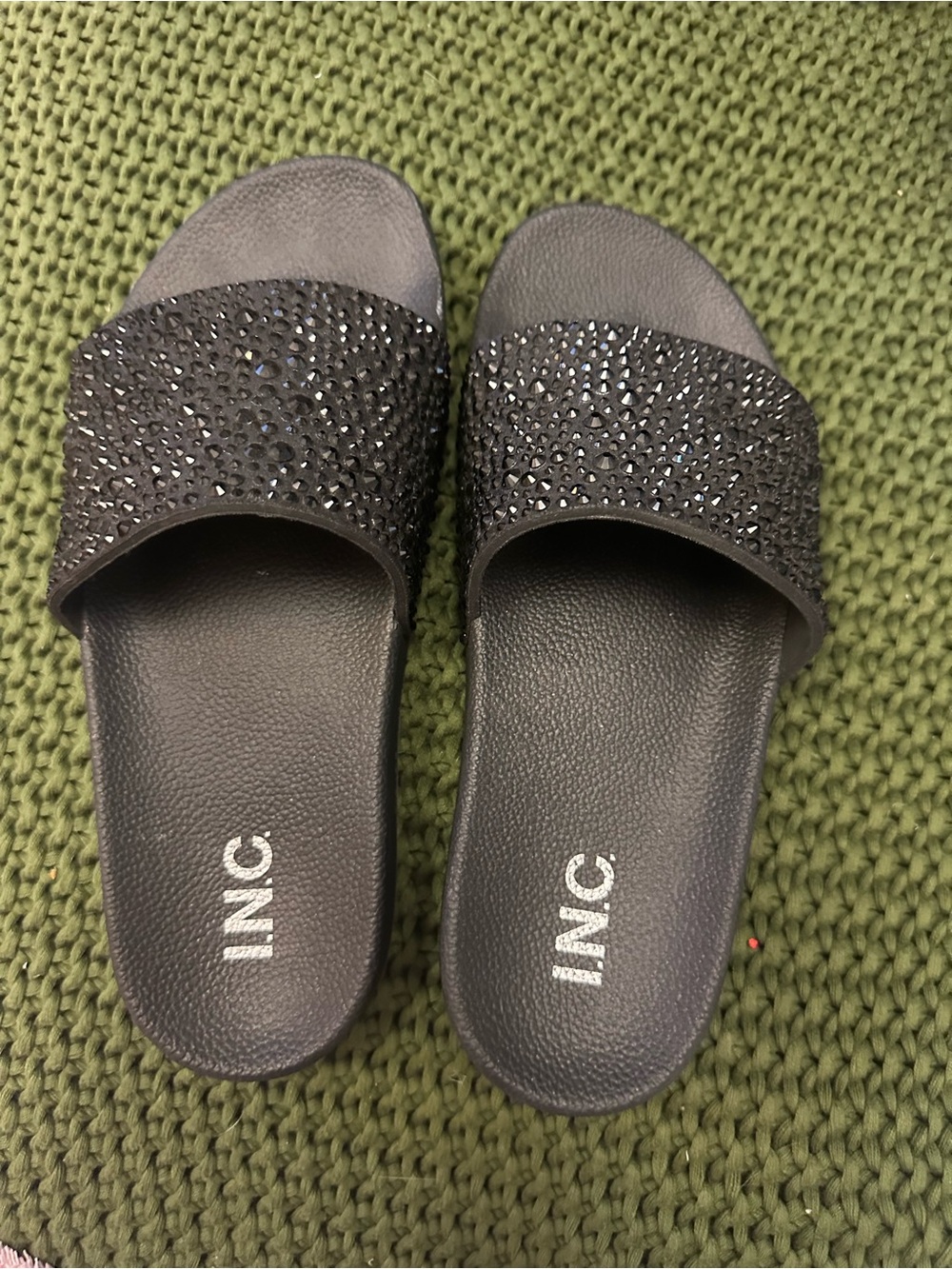 INC International Concepts Black Crystal Embellished Slide Sandals 9.5